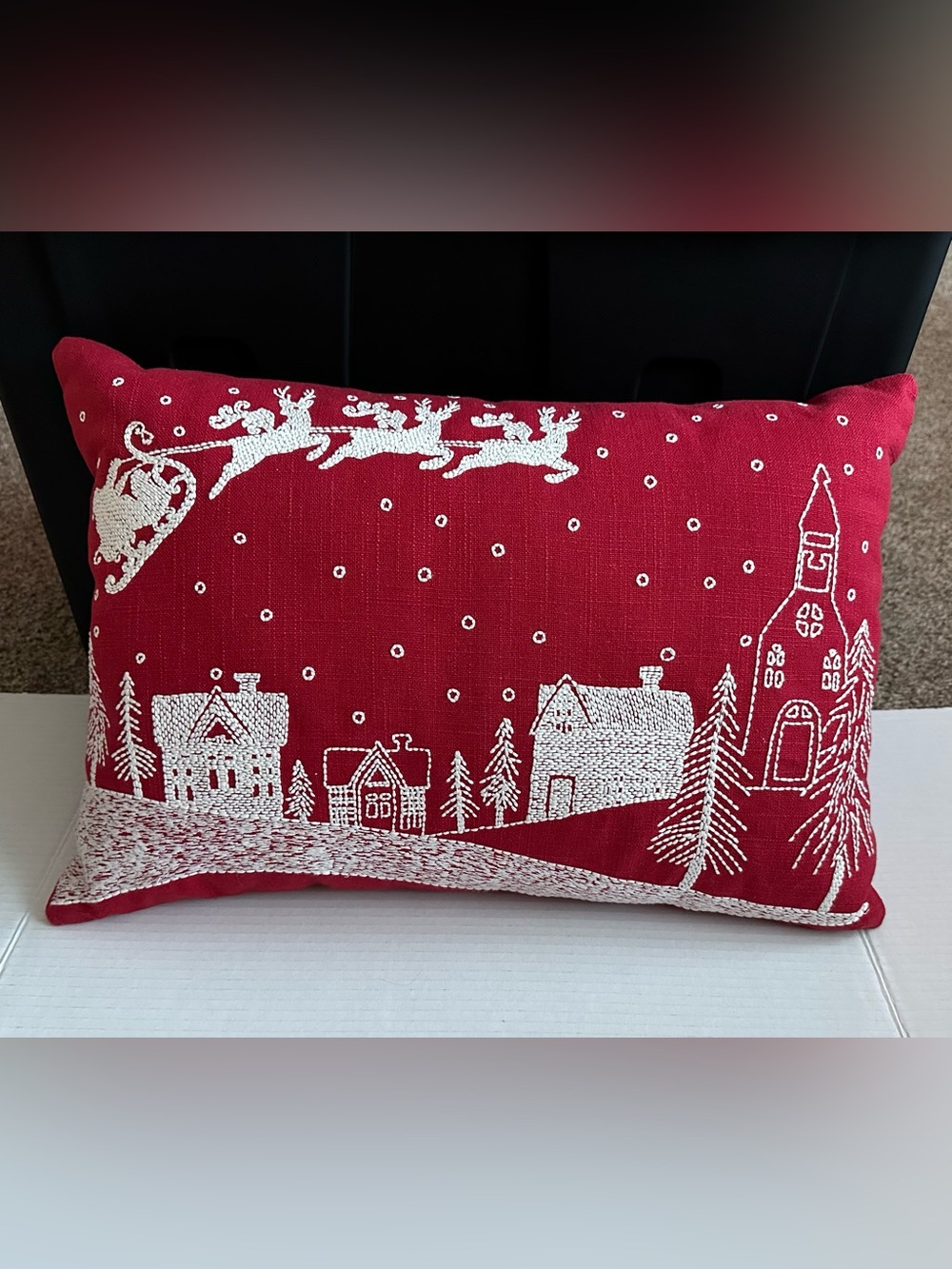 Red Christmas Winter Village Santa Sleigh White Embroidered Rectangle Pillow